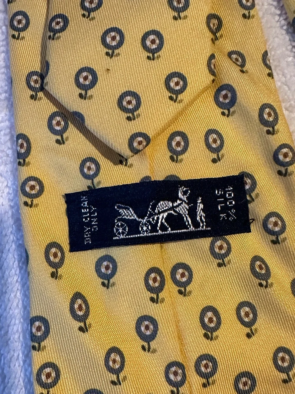 Hermès Paris 100% Silk Yellow Blue Necktie 60” Vintage Made in France